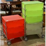 (lot of 3) Kartell "Mobil" modular carts, executed in red, neon green and clear, (2) having three
