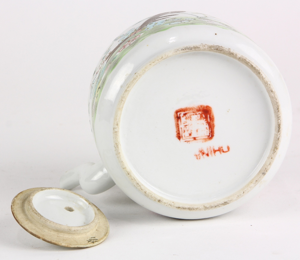 Chinese enameled porcelain teapot, decorated with butterflies and flowers, the lid mounted with a - Image 6 of 7