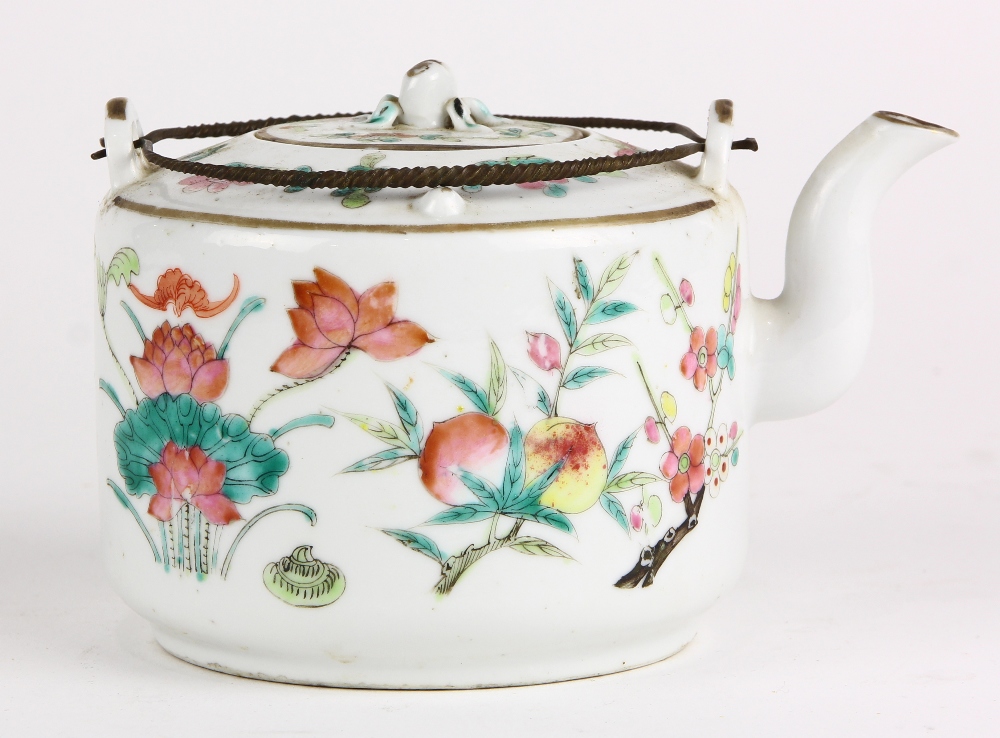 Chinese enameled porcelain teapot, decorated with butterflies and flowers, the lid mounted with a - Image 3 of 7