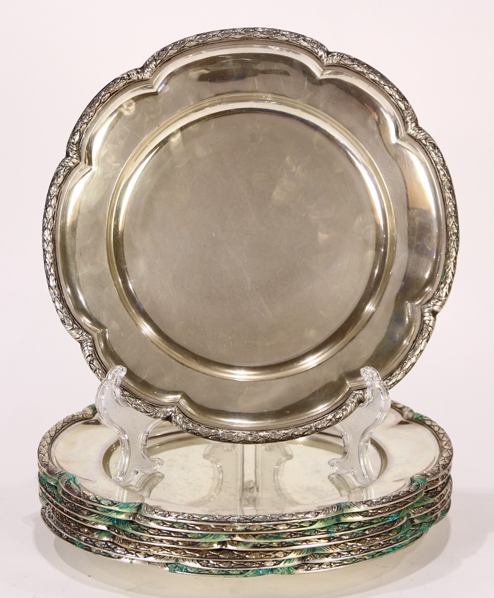 (lot of 8) German 800 silver charger plates, by Eugen Marcus, 19th century, having a foliate form