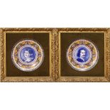 (lot of 2) Continental majolica cabinet plates, each centered with a portrait, one depicting a