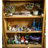 (lot of approx. 90) Three shelves of Asian decorative items, including six fans; two flowering glass