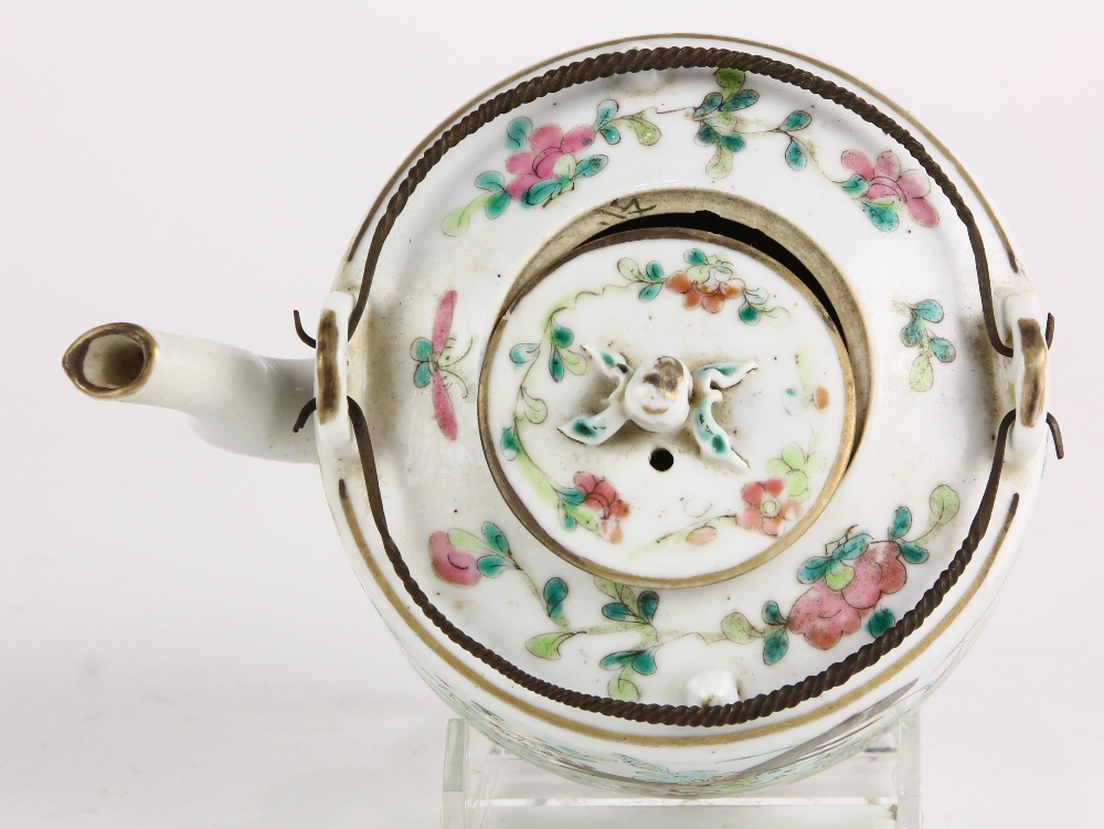 Chinese enameled porcelain teapot, decorated with butterflies and flowers, the lid mounted with a - Image 5 of 7