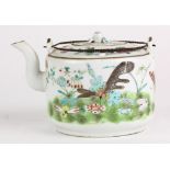Chinese enameled porcelain teapot, decorated with butterflies and flowers, the lid mounted with a