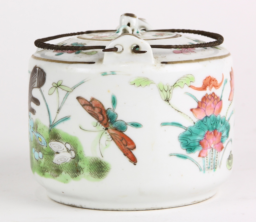 Chinese enameled porcelain teapot, decorated with butterflies and flowers, the lid mounted with a - Image 2 of 7