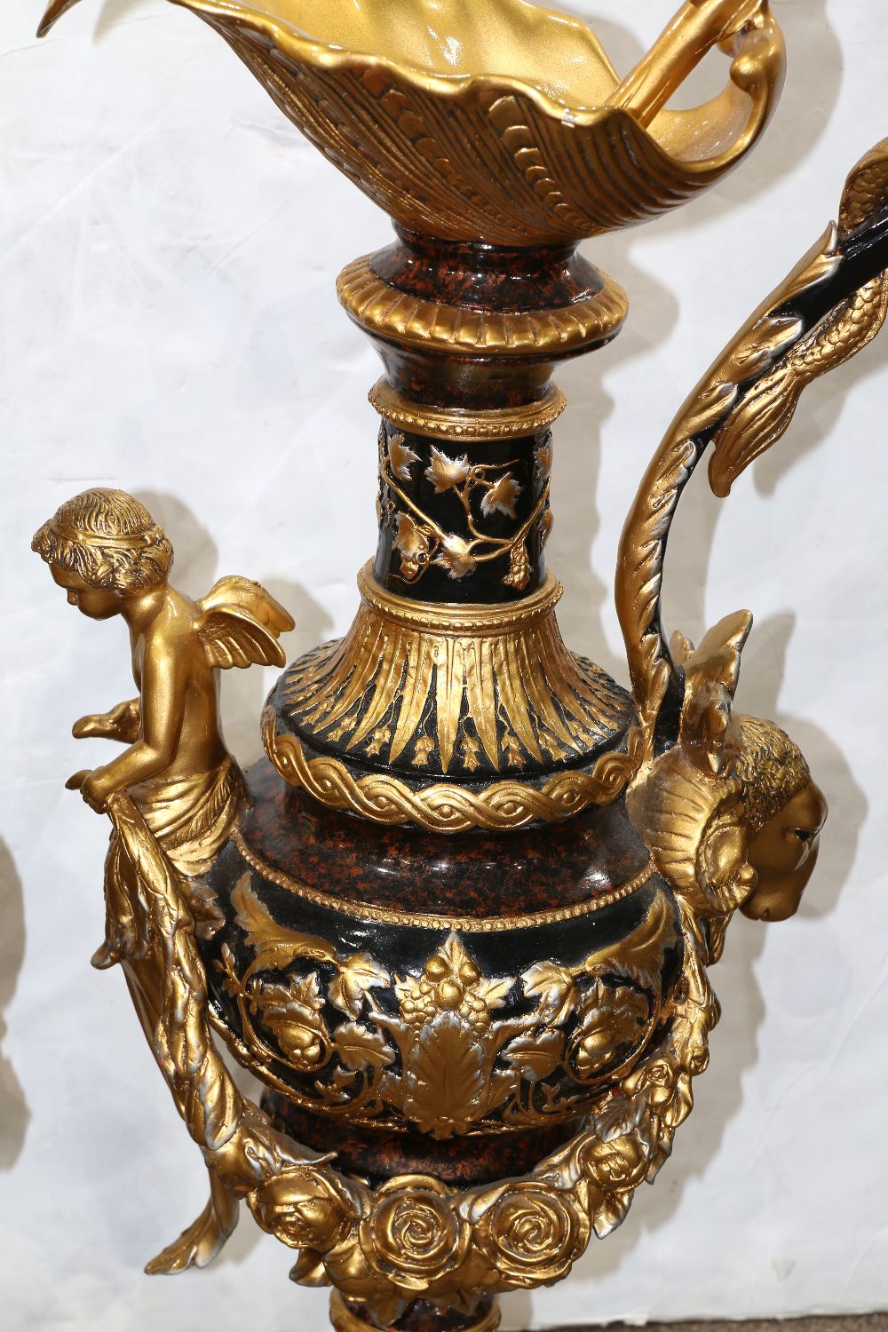 Pair of monumental Neoclassical style ewers, each having a dolphin form handle, above the - Image 4 of 5