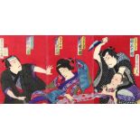 Toyohara Kunichika (Japanese, 1835-1900), 19th century, woodblock prints, triptych depicting a scene