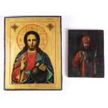 (lot of 2) Russian icons, one depicting Christ, the other depicting a figure of a bishop or