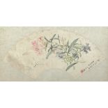 Zhang Jiazhuang (Chinese), Fan: Flowers, ink and color on paper, the right with an inscription,