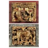 (lot of 2) Chinese gilt wood panels, each high relief carved with an elephant below a pine tree,