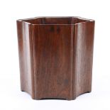 Chinese wood brush pot, of hexagonal form with lobed corners, raised on low support, 6.5''h