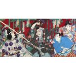 Toyohara Kunichika (Japanese, 1835-1900), 19th century, woodblock prints, triptych depicting a scene