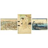 (lot of 3) Japanese woodblock prints: Utagawa Hiroshige (1797-1858), 'Shinagawa'; Utagawa Toyokuni I