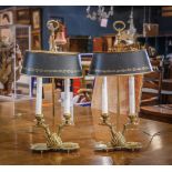 Pair of Italian brass bouillotte lamps, each having a tole green decorated shade, with double