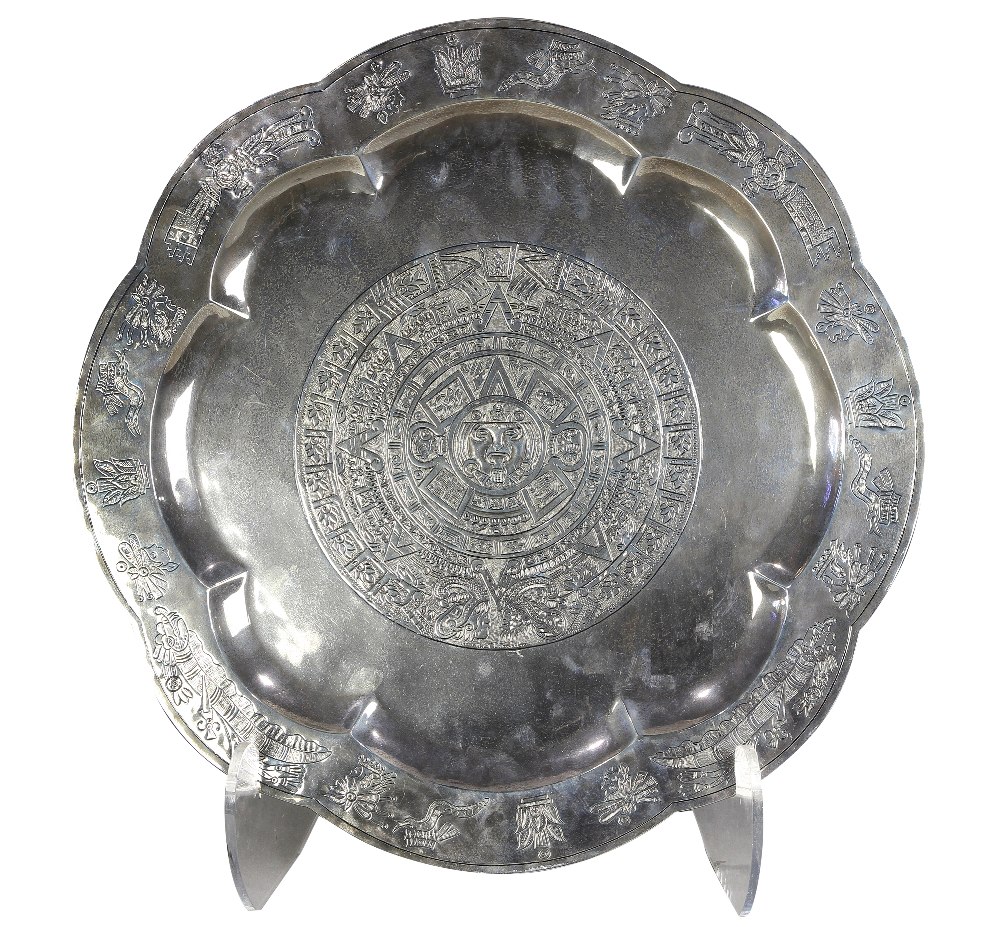 Joyeria Mexican sterling silver platter, 20th Century, incised with Aztec style glyphs depicting the