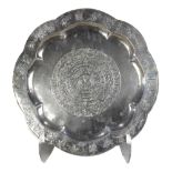 Joyeria Mexican sterling silver platter, 20th Century, incised with Aztec style glyphs depicting the