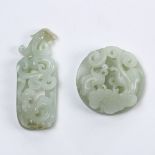 (lot of 2) Chinese jade carvings: the first a roundel with a chilong and lingzhi; the second,