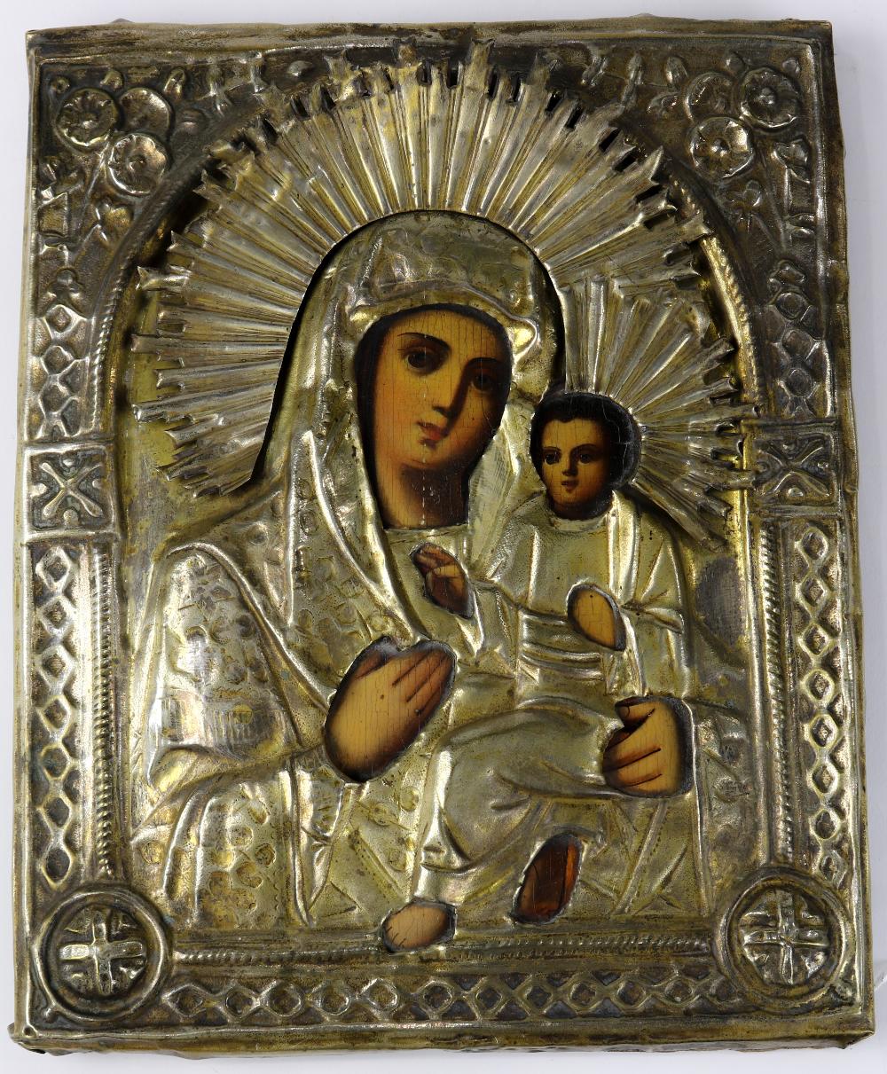 Russian icon, depicting the Mother of God, and having a brass oklad, 11"h x 9"w