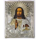 Russian icon, having a silvered oklad, depicting Christ, 7"h x 5.5"w