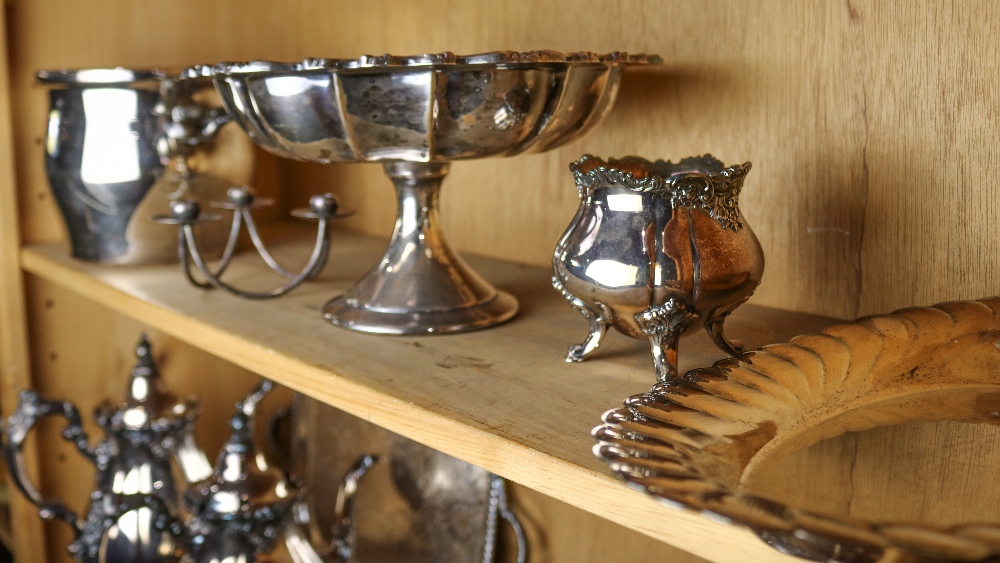 Two shelves of silver plate table articles including a lidded tureen, a footed compote, a serving - Image 2 of 3