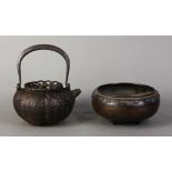 (lot of 2) Japanese iron tea kettle, tetsubin, late Edo period, woven basket pattern on melon formed