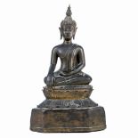 Thai copper alloy Buddha, seated on a double lotus pedestal in bhumisparsha and dhyana mudra, 13"h