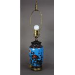 Japanese cloisonne enameled vase, converted to a lamp, chrysanthemums on sky blue ground, attached