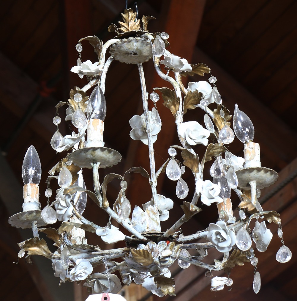 French tole decorated chandelier, having floral decorated accents flanking the six lights, 24"h