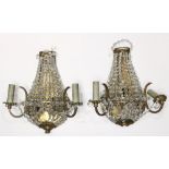 Pair of Neoclassical style crystal and bronze wall sconces, each 2-light fixture draped with