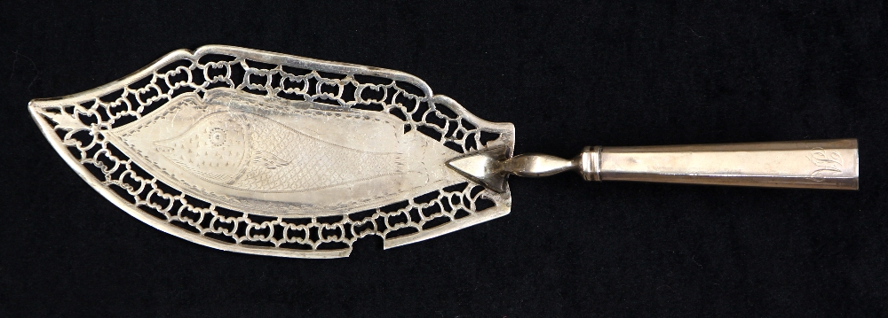 Continental silver fish server, circa 1800, the handle with scripted monogram "JA", having a pierced