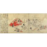 Japanese woodblock prints, 19th century, diptych image from the legend of oni (devils) and animals