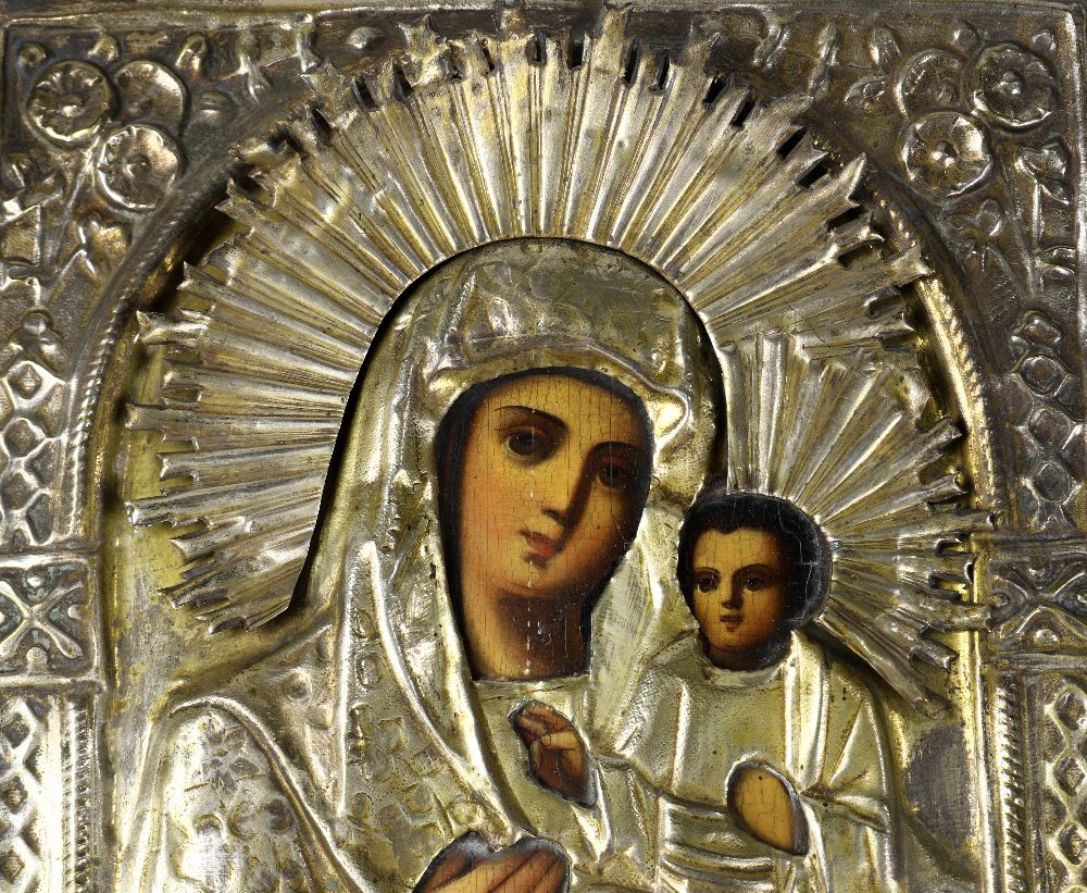 Russian icon, depicting the Mother of God, and having a brass oklad, 11"h x 9"w - Image 3 of 3