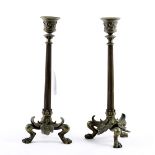 Pair of Neoclassical style patinated metal candlesticks, the socket decorated with leaves over a