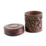 (lot of 2) Chinese ink stone box and bamboo brush pot: the first, an ink stone box of circular form;