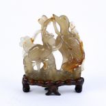 Chinese agate sculpture, carved with two cranes accented with lingzhi sprigs, with wood stand, 3.