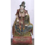 Chinese large polychrome wood Guanyin, seated in royal ease with a stand of prayer beads on her left