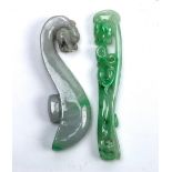 (lot of 2) Chinese jadeite dragon belt hooks, one with a plain contoured shaft, the other carved