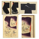 (lot of 4) Japanese woodblock prints, depicting various kimono design and forms, each accompanied by