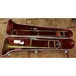 Cased brass trombone, the brown case labeled with "OLDS", case 36"l