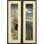 (lot of 2) Takahashi Shotei (Japanese, 1871-1945), woodblock prints: one depicting people on a