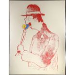 Continental School (20th century), Man in Red Smelling Yellow and Blue Flowers, 1972, screenprint,