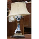 Bohemian glass table lamp, having partial gilt, turquoise and white decoration, rising on a square