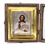 Russian icon, having a silver oklad and depicting Christ Pantocrator, overall: 7.5"h x 7"w