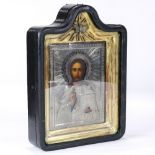 Russian icon, having a silver oklad, and depicting Christ Pantocrator, 1881, and housed in a