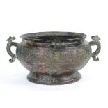 Chinese archaistic bronze ding censer, the body with a band of scroll pattern filled with leiwen,