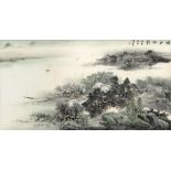 Chinese framed painting, Landscape, ink and color on paper, villas in the midst of arboreous grove