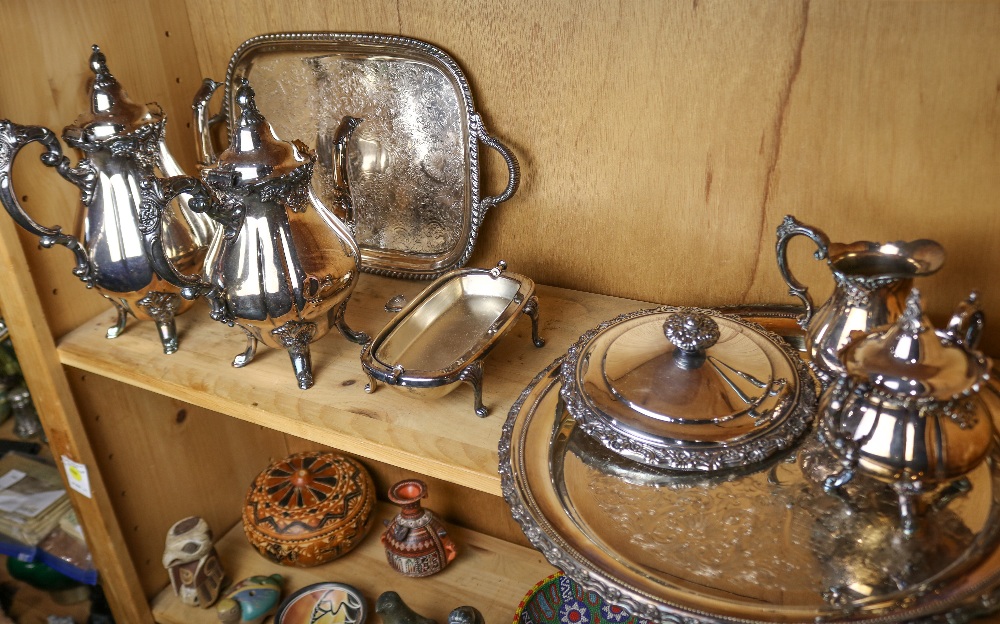 Two shelves of silver plate table articles including a lidded tureen, a footed compote, a serving - Image 3 of 3