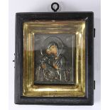 Russian icon, having a silver oklad and depicting the Mother of God, overall: 5.5"h x 4.5"w