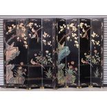 Chinese eight panel Coromandel screen, featuring birds and flowers on a black ground, 84.5"h x 16"w