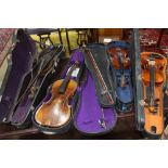 (lot of 4) Student violin group, including German examples, each with a fitted hardcase, 31"l